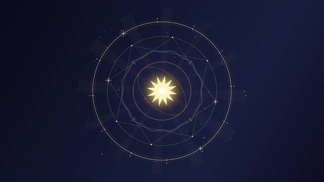 Abstract golden esoteric circle rotating with glowing central star on dark blue background