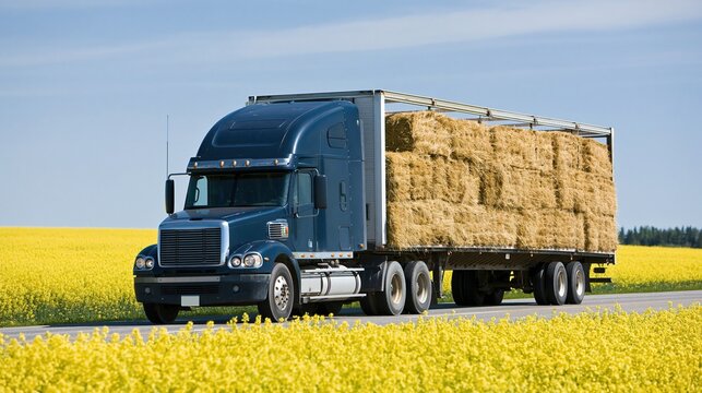 Blue semi truck transporting hay bales on a flatbed trailer through vibrant yellow rapeseed fields under clear blue sky