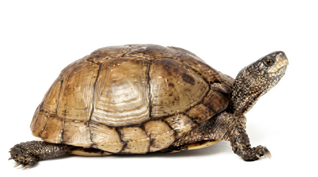 Box turtle on white background, brown tortoise shell texture, isolated reptile profile for nature education and wildlife study