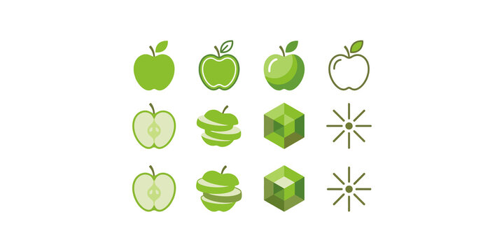 Green apple icons and geometric fruit concepts showing whole sliced and abstract variations for modern food branding and digital design.