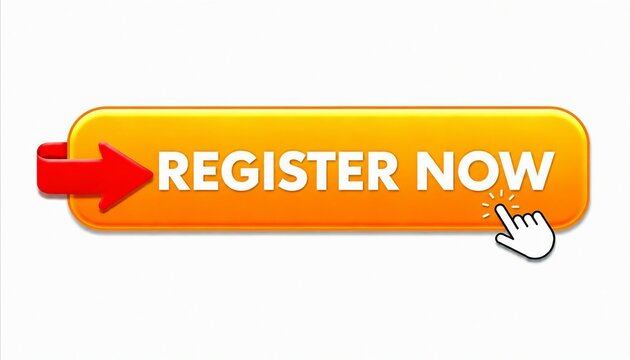 Bright orange register now button with red arrow and click effect