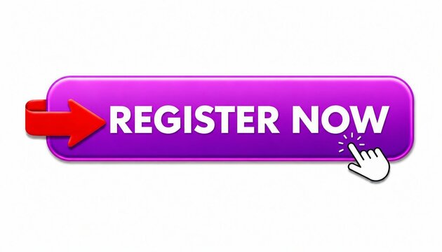 Bright purple call to action register now button with arrow and click icon