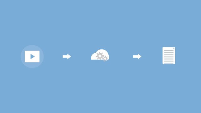 video processing pipeline with a video, a cloud with gears and a document connected by arrows, blue color scheme