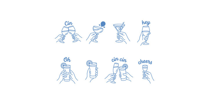 Abstract outline sketch people holding cocktails celebrating with confetti and party elements fun festive atmosphere cheers drinks good times happy hour enjoyment social gathering light blue line art.