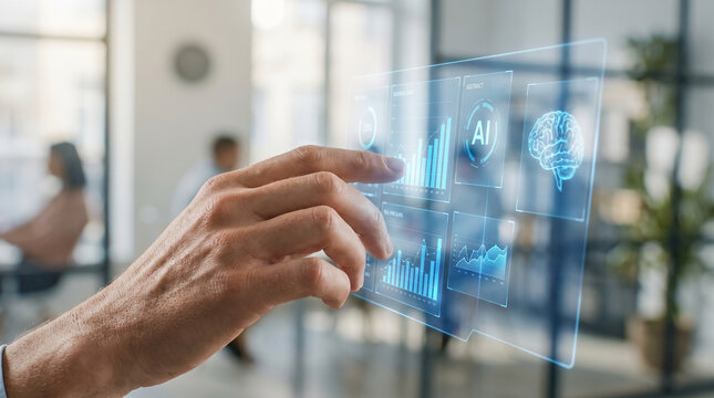 Businessman using transparent screen with AI analytics and financial graphs in bright modern office environment.