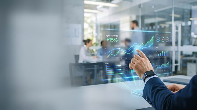 Businessman's hand points to a futuristic holographic financial chart showing Q3 growth with rising green lines on a transparent screen, business analysis.