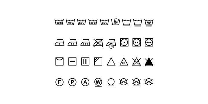 Complete laundry instruction tag icons set for professional fabric care including washing temperatures drying cycles and ironing symbols.