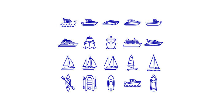 Boat icons set collection featuring blue line art illustrations of yachts sailboats cruise ships motorboats and kayaks for sea travel.