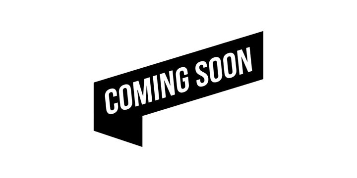 Coming soon banner with futuristic black ribbon shape and stylized text effect for announcement posters or marketing promotions.