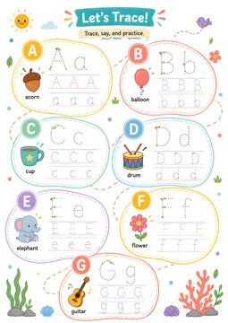 Preschool A-G Letter Tracing Handwriting Practice Worksheet