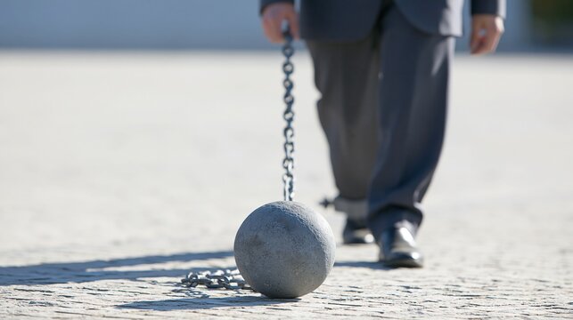 Businessman in suit dragging heavy iron ball and chain down paved path symbolizing burden or debt