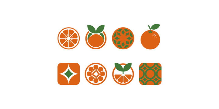 Orange fruit icon set isolated on transparent background variety of citrus patterns and geometric fruit illustrations for branding design.