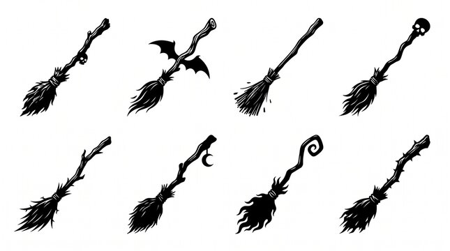 Set of black and white hand drawn spooky Halloween witch broomsticks vector illustration