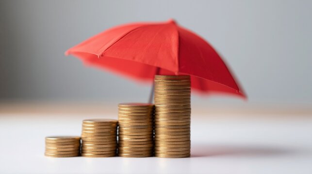 A small red umbrella shields stacks of gold coins arranged in ascending order, symbolizing financial protection and savings growth against a neutral background.