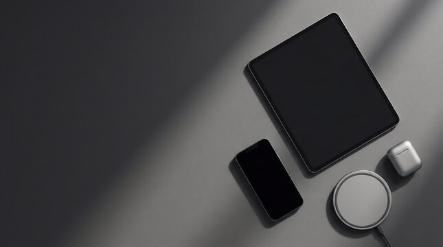 Minimalist technology flat lay featuring a smartphone, a tablet, a wireless charger, and earbuds arranged neatly on a dark gray surface with soft light