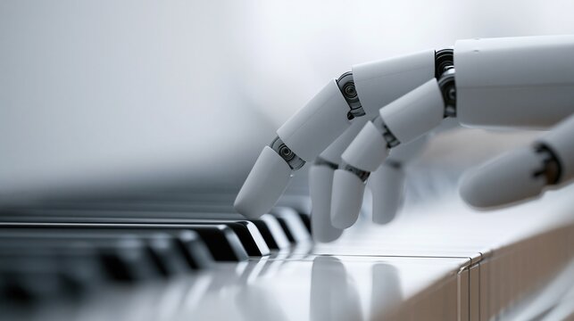 Close-up of a white robotic hand with articulated fingers pressing the black and white keys of a piano keyboard.
