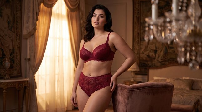 Curvy woman in elegant red lace lingerie set in luxury bedroom