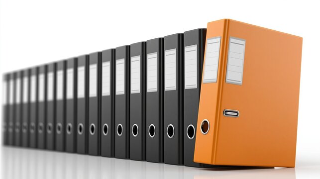 Row of black ring binders with one orange binder standing out on a white surface