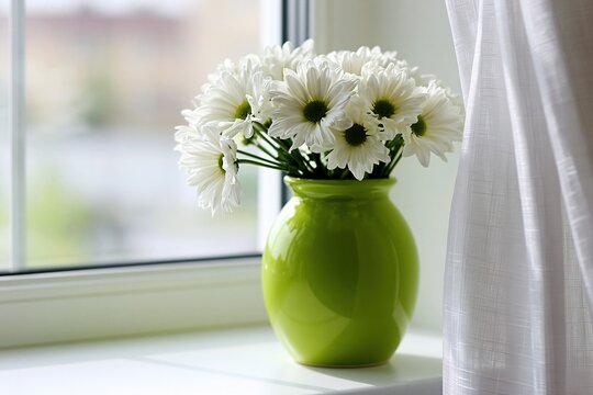 Bright white daisies arranged in a glossy lime green vase sit on a sunlit windowsill beside sheer curtains, creating a fresh and cheerful domestic scene.