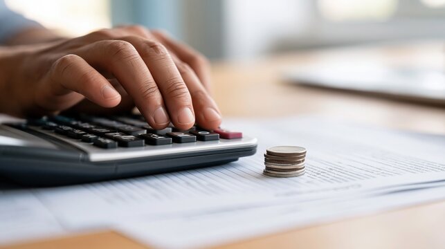 close up of hands using calculator with coins and documents on desk
