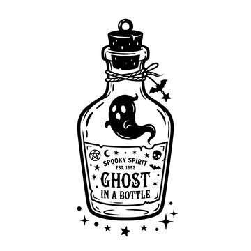 Ghost in a bottle vector illustration with spooky spirit label and mystical potion design