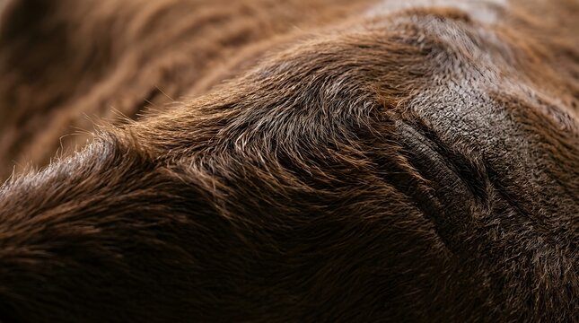 Detailed extreme close up of thick brown animal fur texture showing wavy hair patterns and light reflection