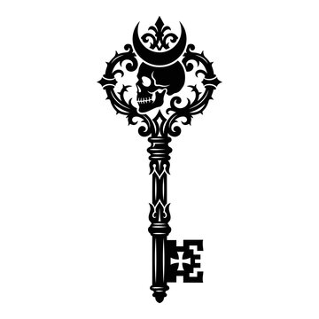 Gothic skeleton key illustration with skull and crescent moon symbol for dark fantasy art