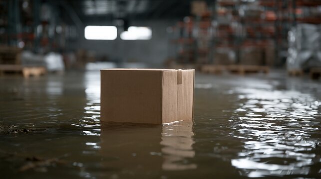 Single cardboard box floating in murky floodwater inside a large industrial warehouse with blurred background