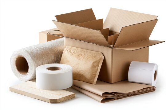 Collection of brown cardboard boxes, packing tape, bubble wrap, and wooden board arranged on white background