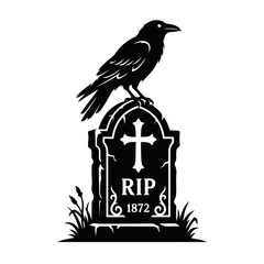 Obraz premium Black raven bird perched on a gothic tombstone with cross and RIP text vector illustration