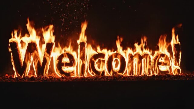 The word welcome written in burning fire against a dark background representing an intense or hellish greeting.