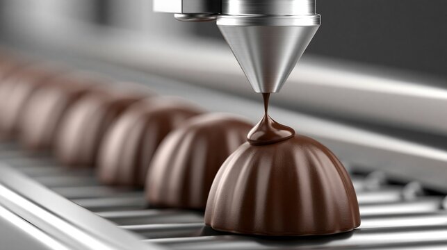Industrial machine filling chocolate confections with liquid cocoa on a conveyor belt in a factory setting