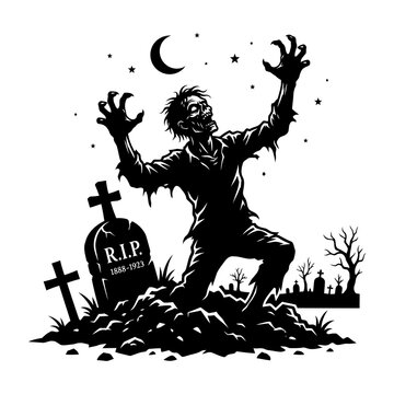 Scary zombie rising from grave at night, Halloween vector illustration of undead monster.