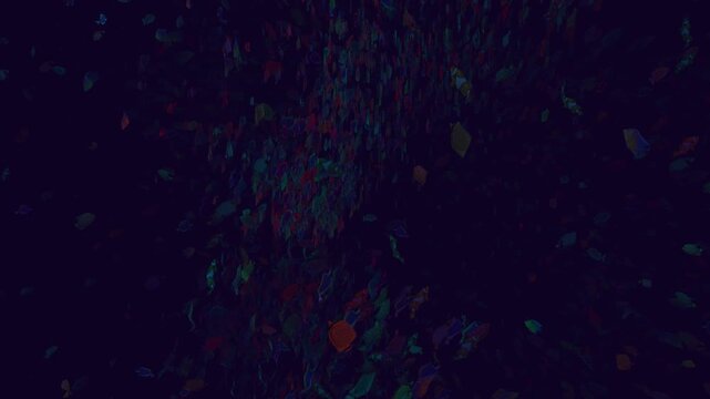 Solitary blue fish swims through a dark ocean depth surrounded by swarming shadows representing isolation in a 3D mental health background