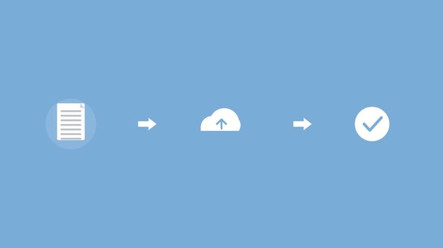 upload flow with a document, a cloud upload and a checkmark connected by arrows, blue color scheme