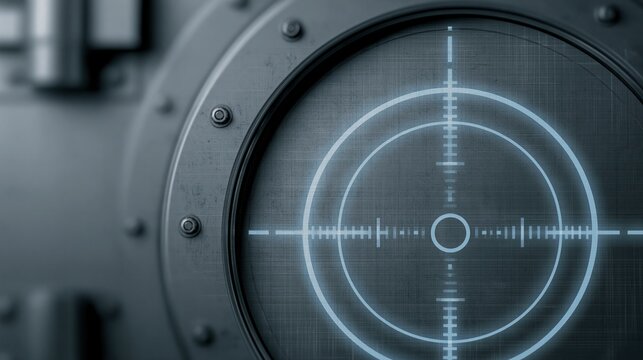 Futuristic target reticle display on dark metallic industrial screen with glowing blue crosshairs and concentric circles