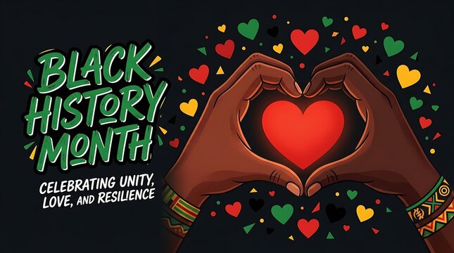 Colorful illustration celebrating black history month with hands forming a heart shape to honor unity and love