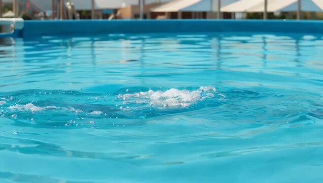 Refreshing 4K close-up with selective depth of field capturing clear turquoise water rippling violently from wave machine surges inside a resort waterpark swimming pool