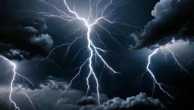 Powerful 4K visual effects package providing distinct hyper-realistic lightning bolts flashing rapidly against an isolated black background for weather simulation composites