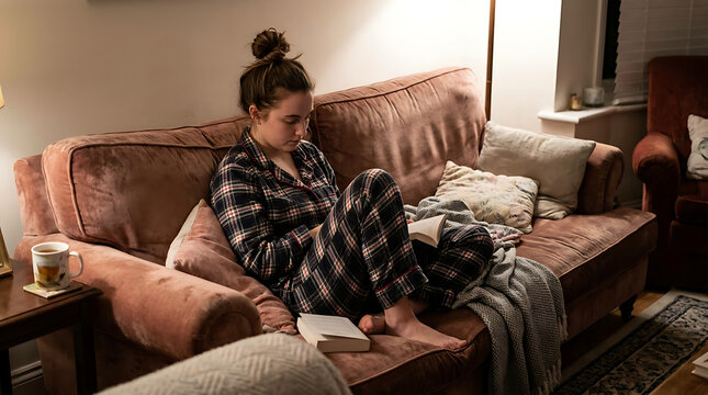 Young woman in plaid pajamas comfortably reading a book on a plush sofa at home