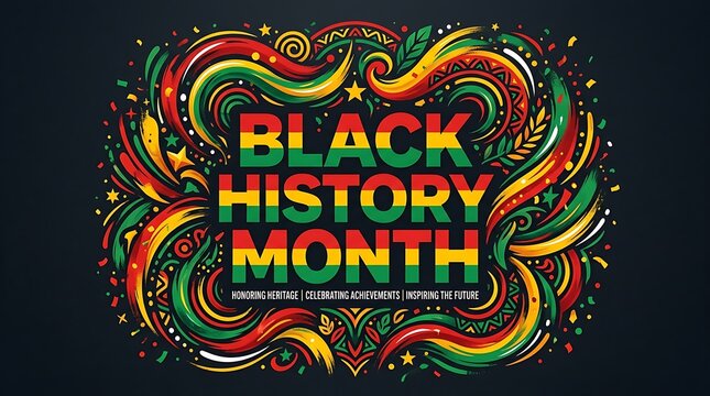 Vibrant artistic typography celebrating black history month with colorful intricate patterns on a dark background for cultural awareness