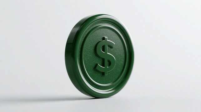 Close-up of a green coin with dollar symbol standing upright on white surface