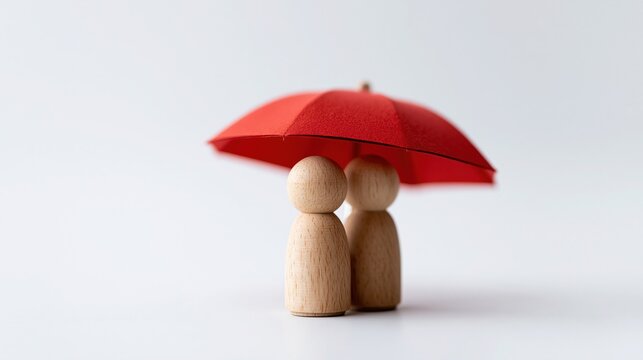 Two wooden figures stand together under a small red umbrella on a white background symbolizing protection and care.