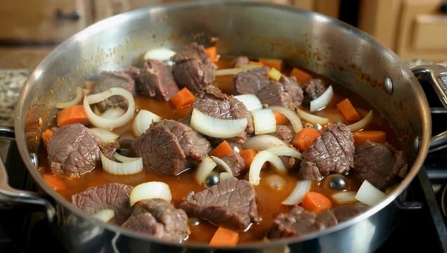 Appetizing 4K culinary video showcasing tender chunks of beef and veal simmering rapidly in a rich tomato and onion gravy inside a hot saucepan on a kitchen stovetop