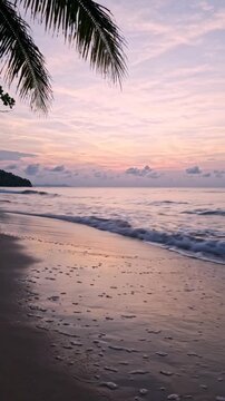 Serene tropical beach at sunset with palm tree leaves framing a calm ocean shore.