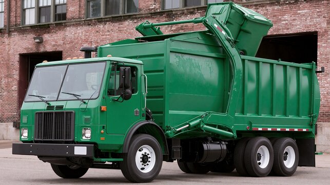 Green garbage truck parked in front of brick building with rear hopper raised for waste collection operations