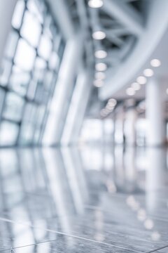 Abstract blurred interior view of a modern architectural space with large windows and polished floor reflections