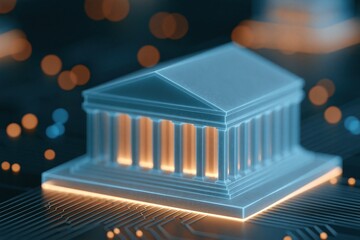 Fototapeta premium Futuristic bank building model on circuit board background with glowing columns and bokeh lights