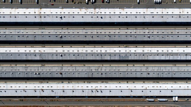 Aerial view of long parallel warehouse roofs with parked trucks and cars along adjacent roads under bright sunlight.