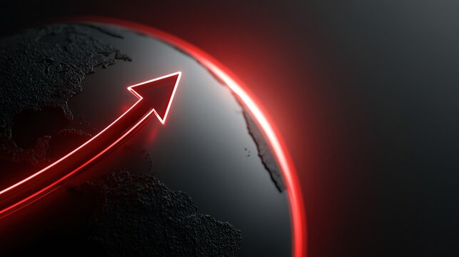 Glowing red arrow pointing upwards over a dark textured globe representing global growth and economic progress in a futuristic style.
